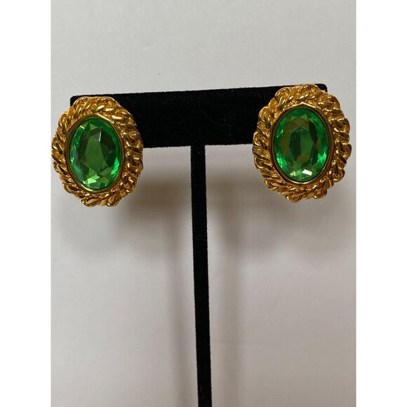 KJL Gold-Tone Post Earrings With Green Crystal Oval Stones J0176 - Picture 1 of 9
